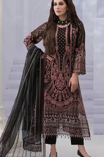 Black georgette semi stitched suit with embroidered & multi thread zarkan work