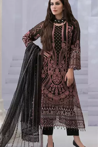 Black georgette semi stitched suit with embroidered & multi thread zarkan work