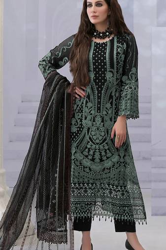Black georgette semi stitched suit with embroidered & multi thread zarkan work