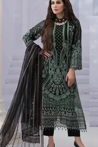 Black georgette semi stitched suit with embroidered & multi thread zarkan work