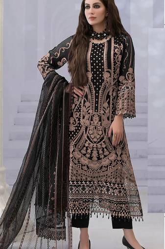 Black georgette semi stitched suit with embroidered & multi thread zarkan work