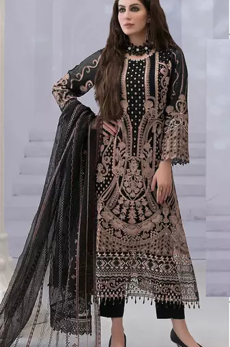 Black georgette semi stitched suit with embroidered & multi thread zarkan work