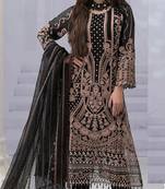 Black georgette semi stitched suit with embroidered & multi thread zarkan work