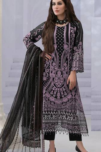 Black georgette semi stitched suit with embroidered & multi thread zarkan work