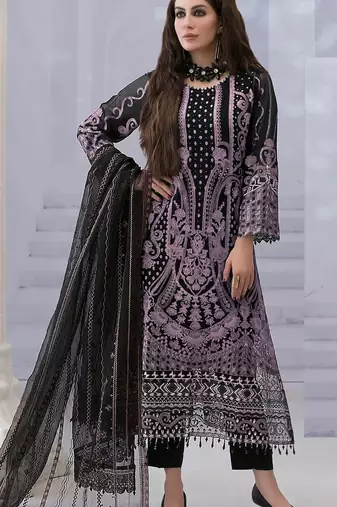 Black georgette semi stitched suit with embroidered & multi thread zarkan work