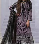 Black georgette semi stitched suit with embroidered & multi thread zarkan work
