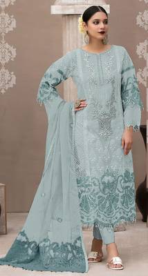Sky blue organza suit with embroidered sequin  1