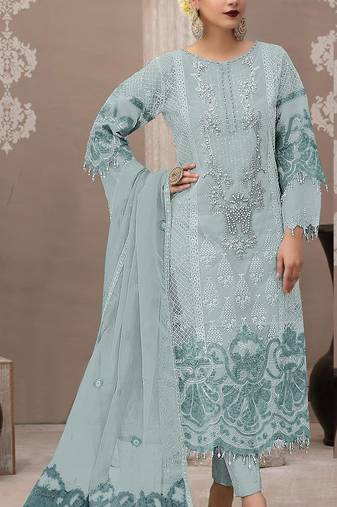Sky blue organza semi stitched suit with embroidery & sequence work