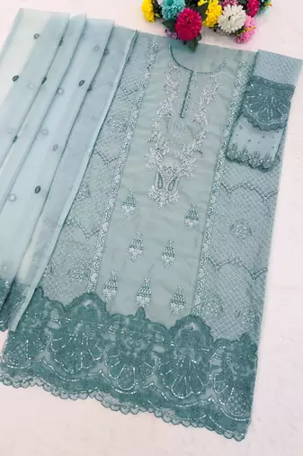 Sky blue organza suit with embroidered sequin 