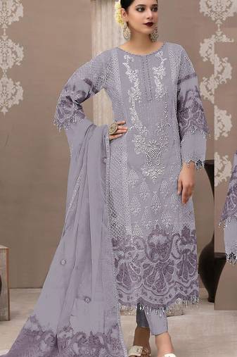 Lavender organza semi stitched suit with embroidery & sequence work