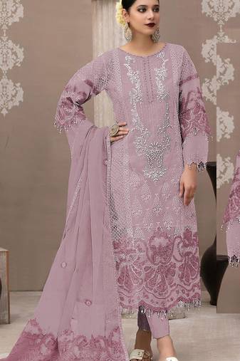 Purple organza semi stitched suit with embroidery & sequence work