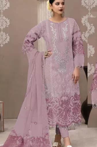Purple organza semi stitched suit with embroidery & sequence work