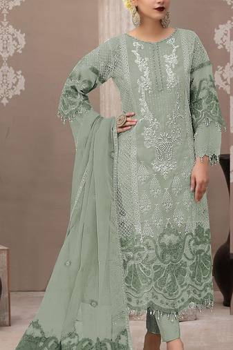 Light green organza semi stitched suit with embroidery & sequence work