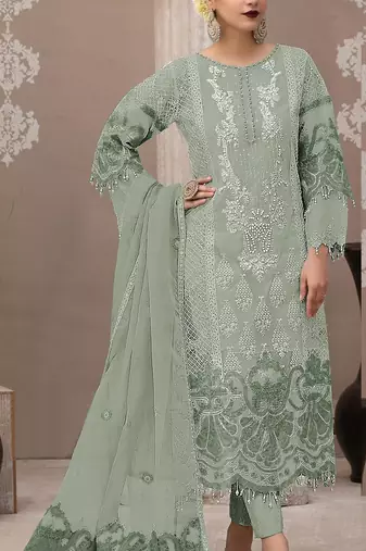 Light green organza semi stitched suit with embroidery & sequence work