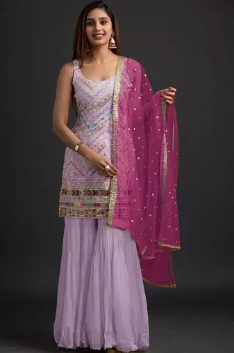 Peach georgette semi stitched suit with embroidered thread & sequence work