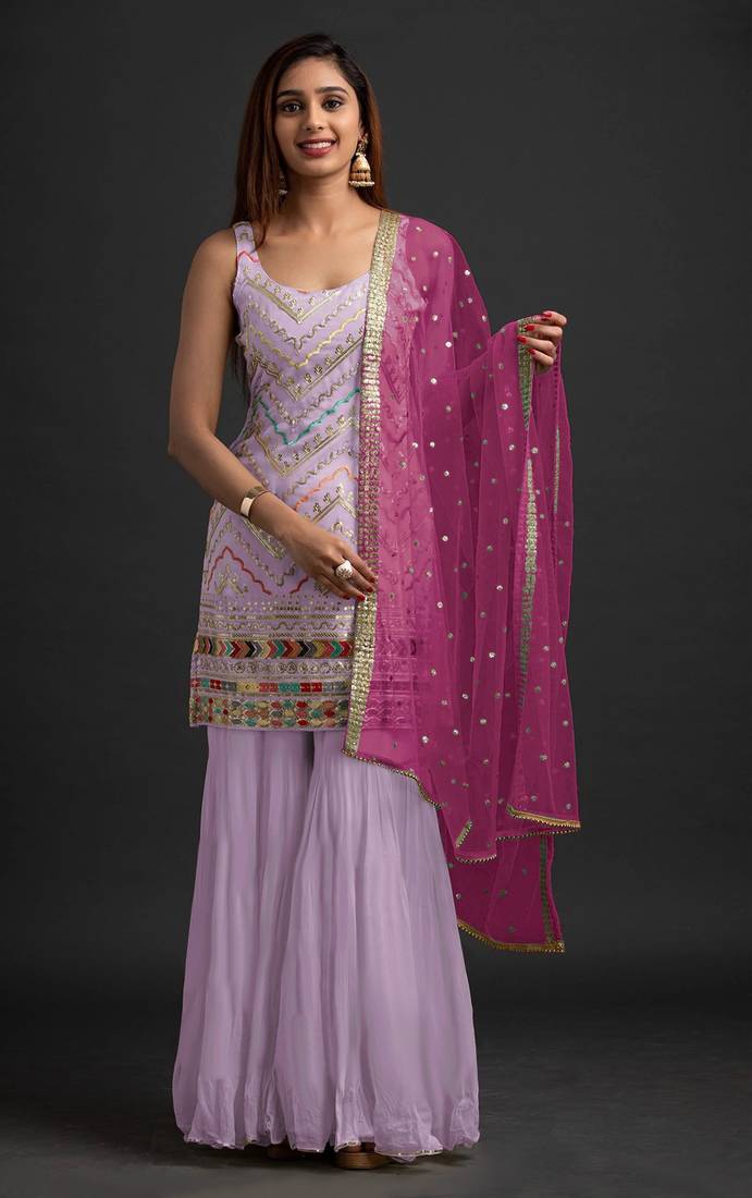 Peach georgette semi stitched suit with embroidered thread & sequence work