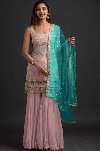 Peach georgette semi stitched suit with embroidered thread & sequence work