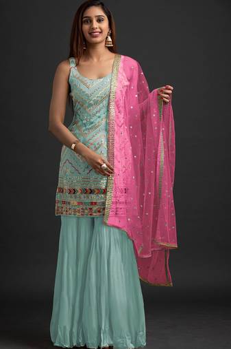 Sky blue georgette semi stitched suit with embroidered thread & sequence work