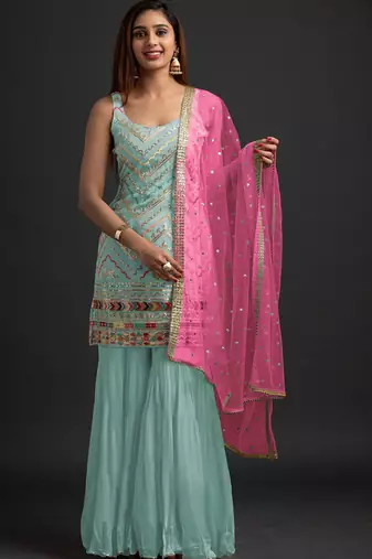 Sky blue georgette semi stitched suit with embroidered thread & sequence work