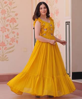 Yellow Faux Blooming Gown with Bead & Sequin Embroidery | Fully Stitched Women’s Festive & Partywear Gown 1