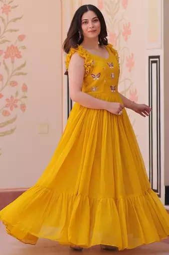 Yellow Faux Blooming Gown with Bead & Sequin Embroidery | Fully Stitched Women’s Festive & Partywear Gown