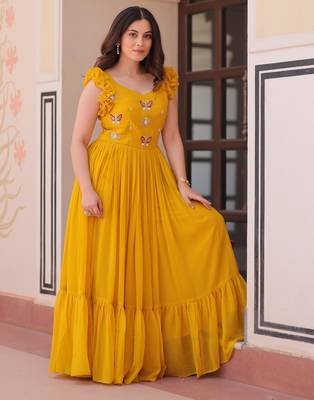 Yellow Faux Blooming Gown with Bead & Sequin Embroidery | Fully Stitched Women’s Festive & Partywear Gown 2