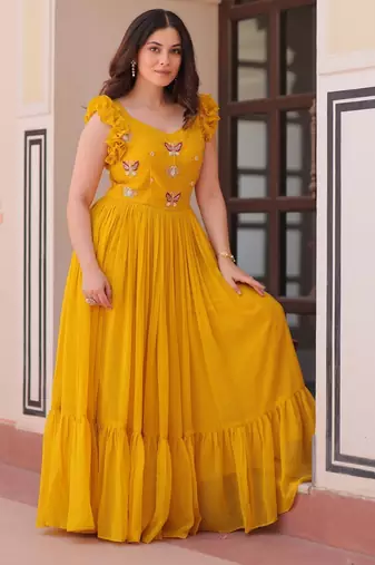 Yellow Faux Blooming Gown with Bead & Sequin Embroidery | Fully Stitched Women’s Festive & Partywear Gown