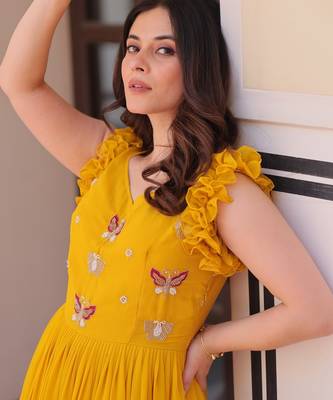 Yellow Faux Blooming Gown with Bead & Sequin Embroidery | Fully Stitched Women’s Festive & Partywear Gown 3