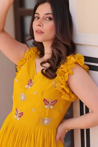 Yellow Faux Blooming Gown with Bead & Sequin Embroidery | Fully Stitched Women’s Festive & Partywear Gown