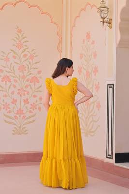 Yellow Faux Blooming Gown with Bead & Sequin Embroidery | Fully Stitched Women’s Festive & Partywear Gown 4