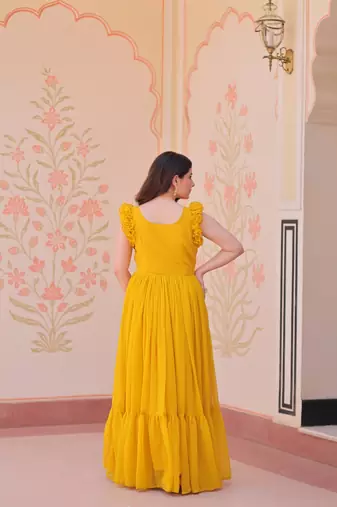Yellow Faux Blooming Gown with Bead & Sequin Embroidery | Fully Stitched Women’s Festive & Partywear Gown