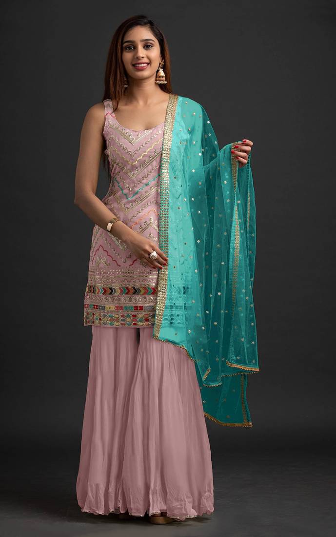 Lavender georgette semi stitched suit with embroidered thread & sequence work