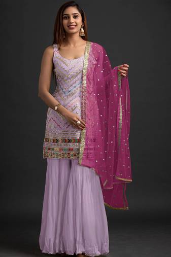 Lavender georgette semi stitched suit with embroidered thread & sequence work