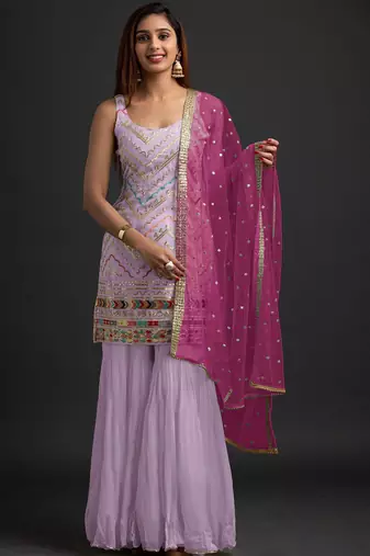 Lavender georgette semi stitched suit with embroidered thread & sequence work