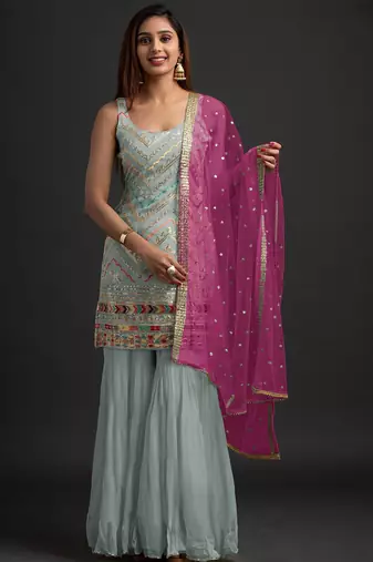 Sea green georgette semi stitched suit with embroidered thread & sequence work
