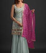 Sea green georgette semi stitched suit with embroidered thread & sequence work