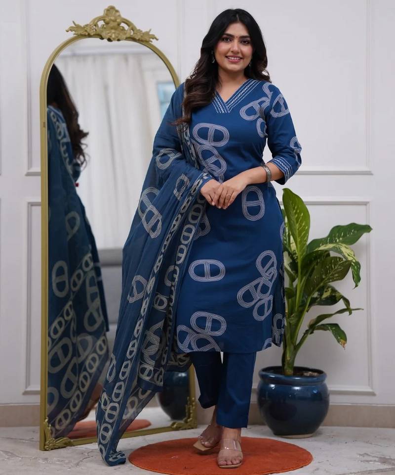 Teal color beautiful chanderi fabric kurti set