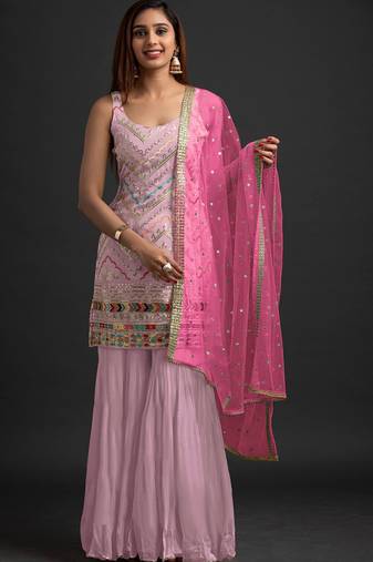 Pink georgette semi stitched suit with embroidered thread & sequence work