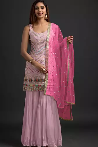 Pink georgette semi stitched suit with embroidered thread & sequence work