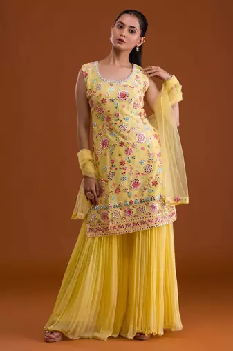 Yellow georgette semi stitched suit with embroidered multi work