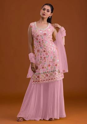 Pink georgette suit with embroidered multi  1
