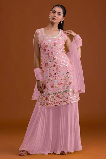 Pink georgette semi stitched suit with embroidered multi work