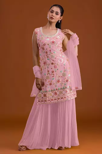 Pink georgette semi stitched suit with embroidered multi work