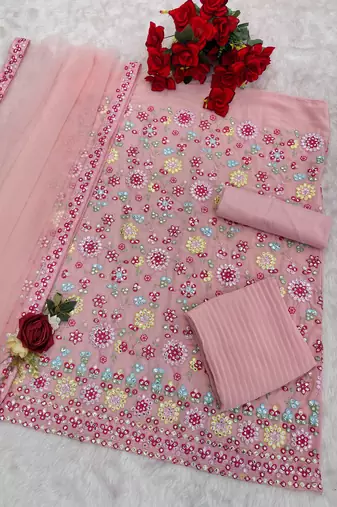 Pink georgette suit with embroidered multi 