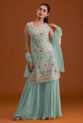 Sky blue georgette suit with embroidered multi  1