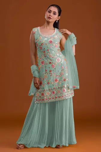 Sky blue georgette semi stitched suit with embroidered multi work