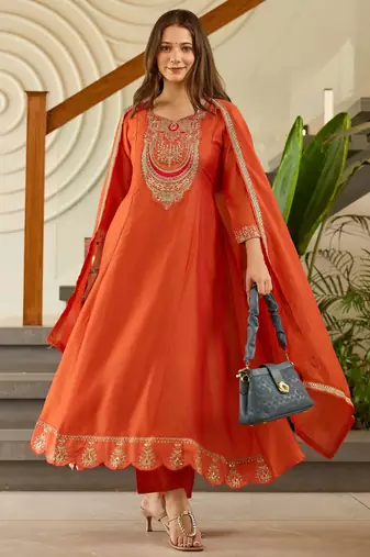 Rust color beautiful vichitra silk fabric graceful ceremonial kurti set