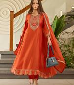 Rust color beautiful vichitra silk fabric graceful ceremonial kurti set