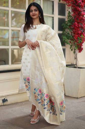 Off white color beautiful viscose jacquard fabric kurti set