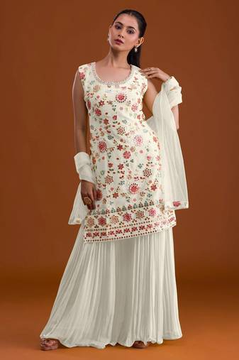 White georgette semi stitched suit with embroidered multi work